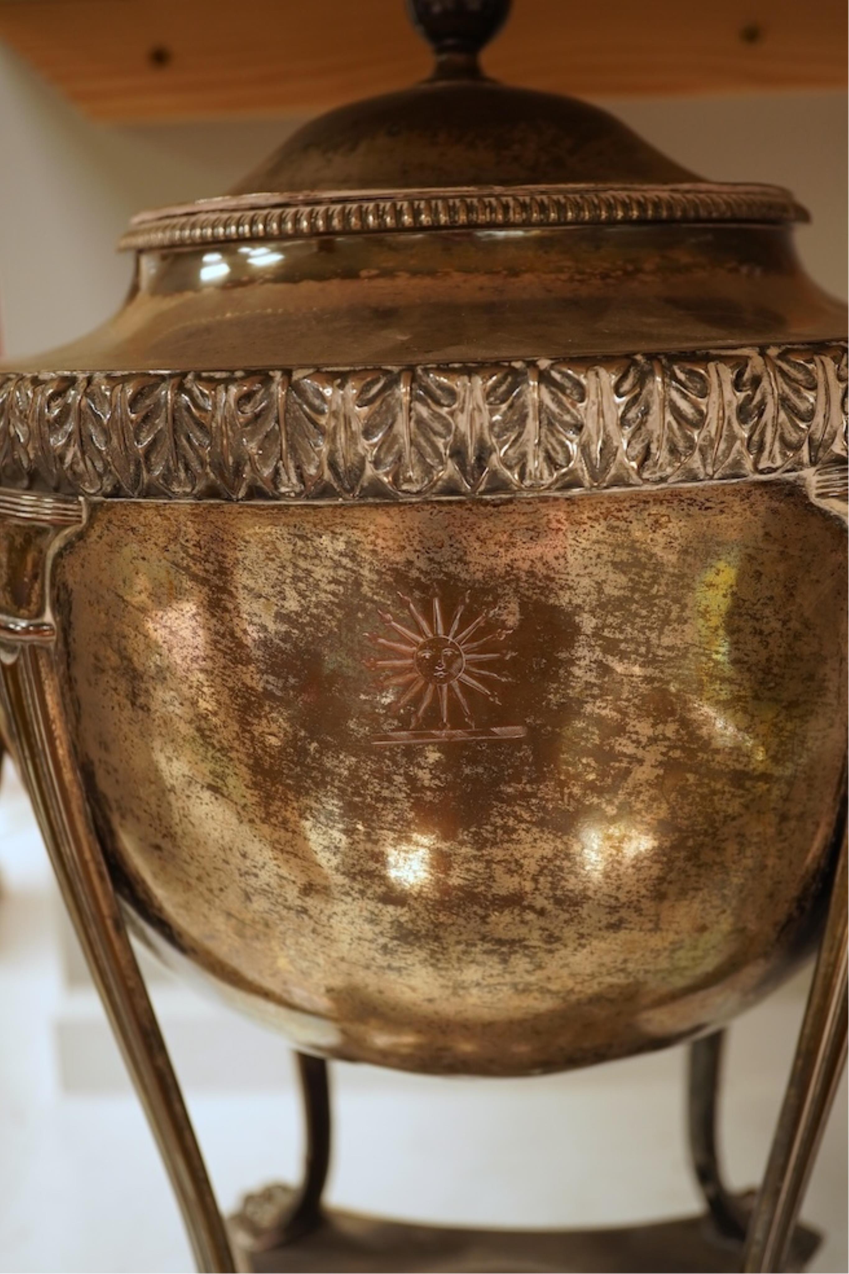 A Regency Old Sheffield Plate samovar and two silver plated trays, largest 70cm